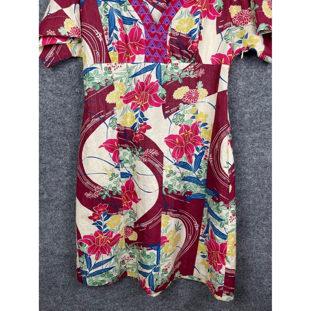 Maeve Dress‎ Women 12 Red Floral Silk Blend Great V-Neck Metallic Anthropologie - Picture 3 of 16